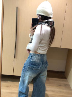 jennie同款浅蓝色阔腿牛仔裤女2026夏薄款小个子设计感低腰直筒裤