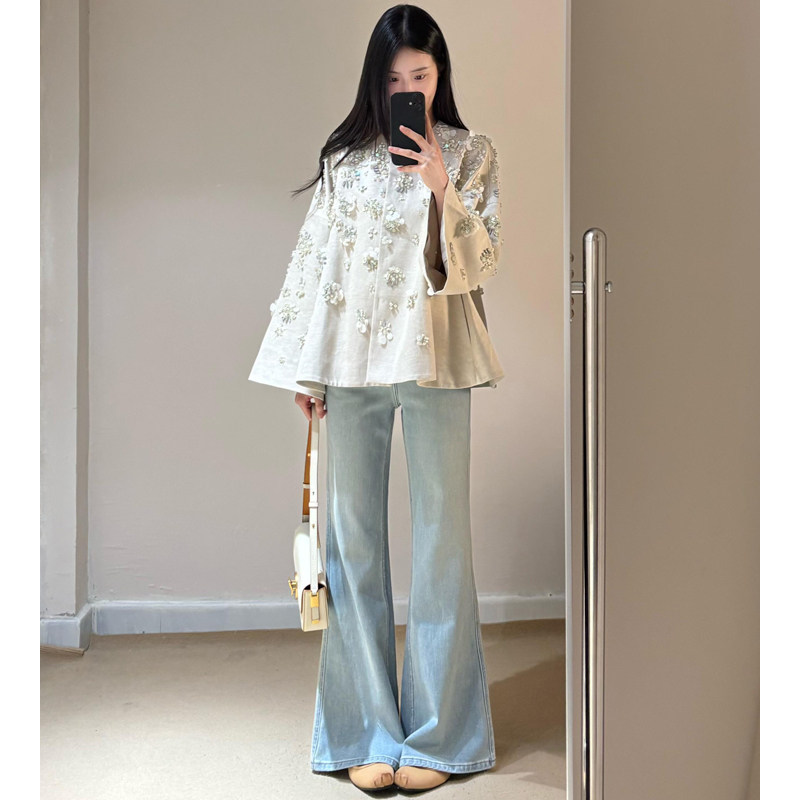 2026新款夏薄款浅蓝色窄版不贴腿微喇牛仔裤女高腰显瘦垂感阔腿裤