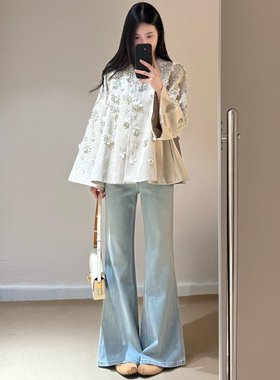 2026春季新款浅蓝色不贴腿微喇牛仔裤女高腰显瘦垂感阔腿裤子