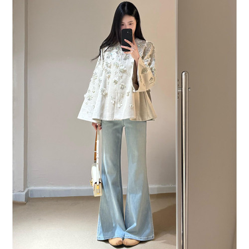 2026春季新款浅蓝色不贴腿微喇裤