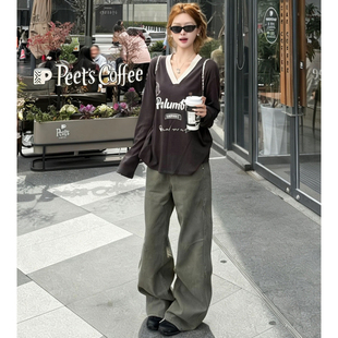 高腰显瘦垂感拖地裤 美式 新款 女2026夏季 复古军绿色阔腿弯刀牛仔裤