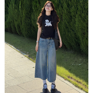 高腰宽松显瘦水洗直筒中裤 美式 薄款 女2026夏季 复古阔腿七分牛仔裤