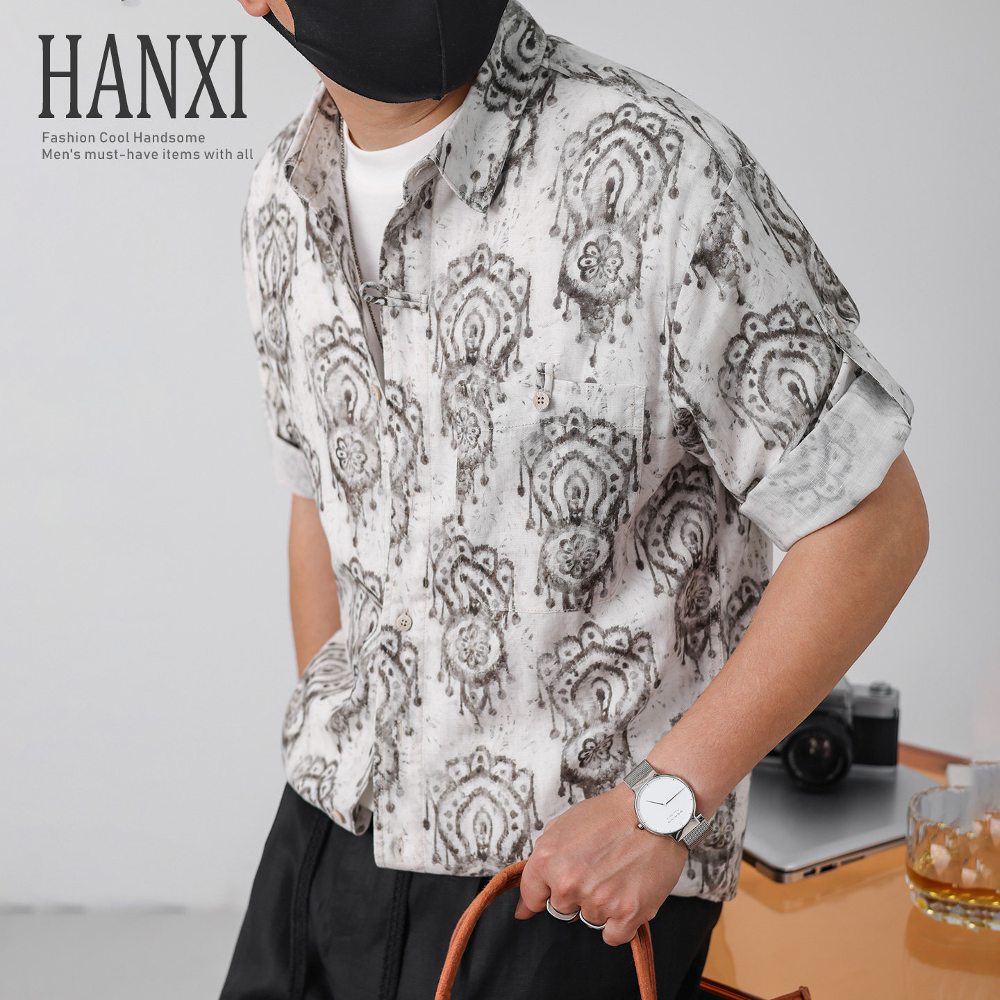 夏季薄款复古腰果花衬衫男