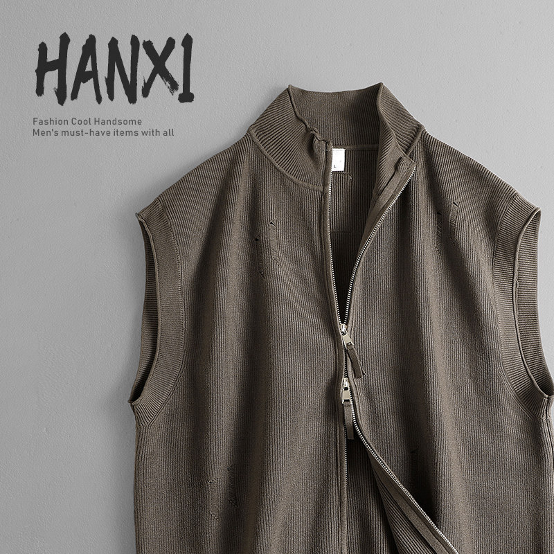 2025老钱风文艺范简约宽松c立领针织马甲男学院风宽松保暖坎肩