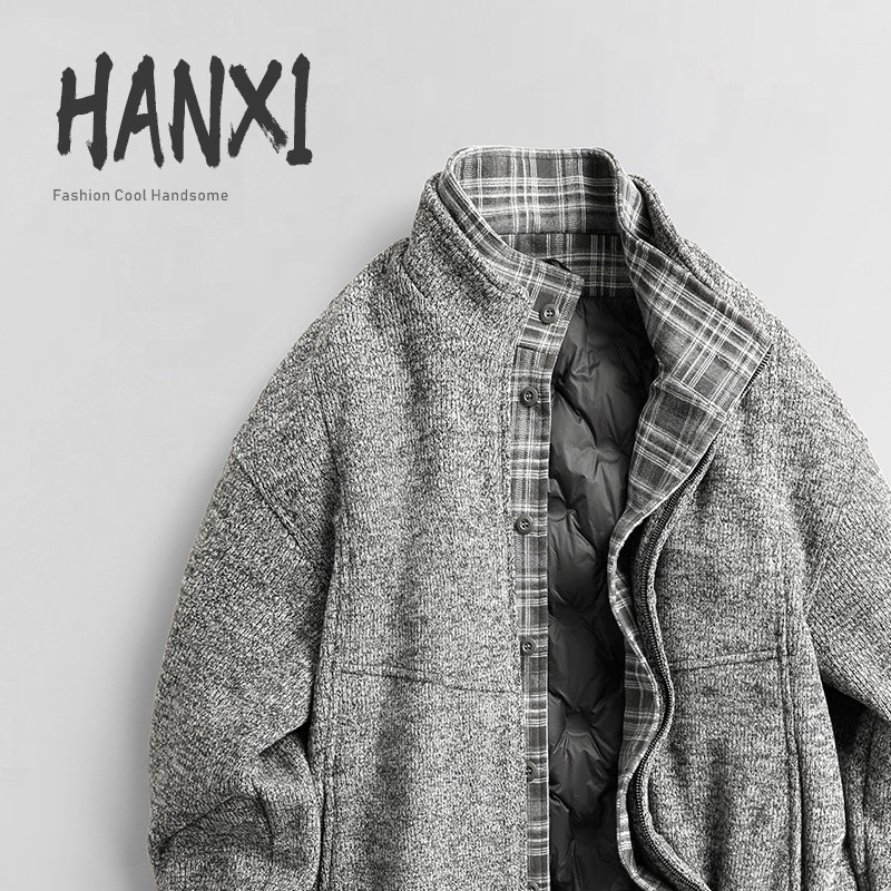 冬季2025新款轻熟老钱风针织假两件轻薄羽绒服男保暖白鸭绒外套潮