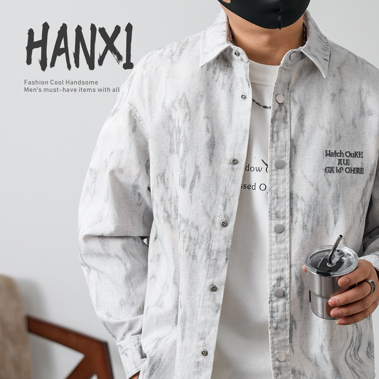 26年春节新款美式休闲水墨纹纯棉长袖衬衫男潮牌宽松翻领痞帅外套