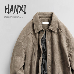 2025冬季 复古做旧90白鸭绒服翻领痞帅夹克男麂皮绒保暖羽绒服 美式