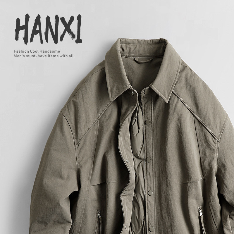 新款保暖轻薄外套潮冬季老钱轻熟风90白鸭绒衬衣式翻领羽绒服男士