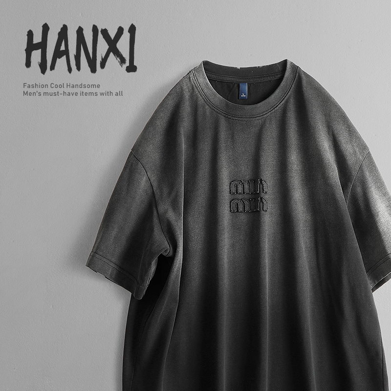 美式复古重磅渐变色短袖T恤男