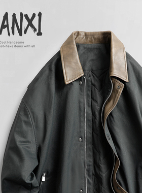 2025秋冬拼接撞色皮领宽松保暖棉衣男士轻薄cityboy防风痞帅棉服