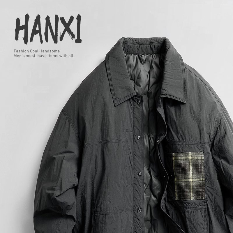 冬季保暖老钱极简衬衫式轻薄翻领羽绒服男士休闲90白鸭绒防风外套