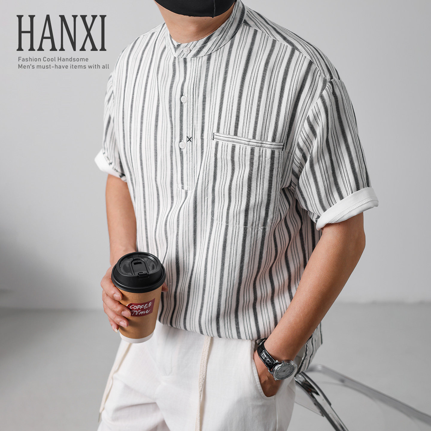 夏季莱赛尔亚麻条纹短袖衬衫男