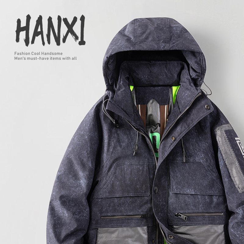 2025潮牌扎染复古工装派克服男装冬季户外保暖羽绒服新款连帽防寒
