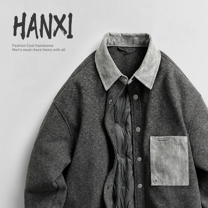 2025冬季新款衬衫式90鸭绒服磨毛外套潮复古拼接翻领羽绒服男