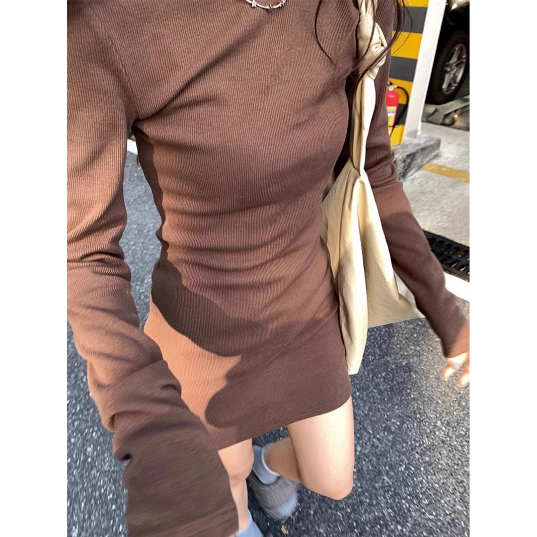 纯欲修身显瘦百搭棕色连衣裙收腰打底内搭短裙长袖包臀裙女春秋冬