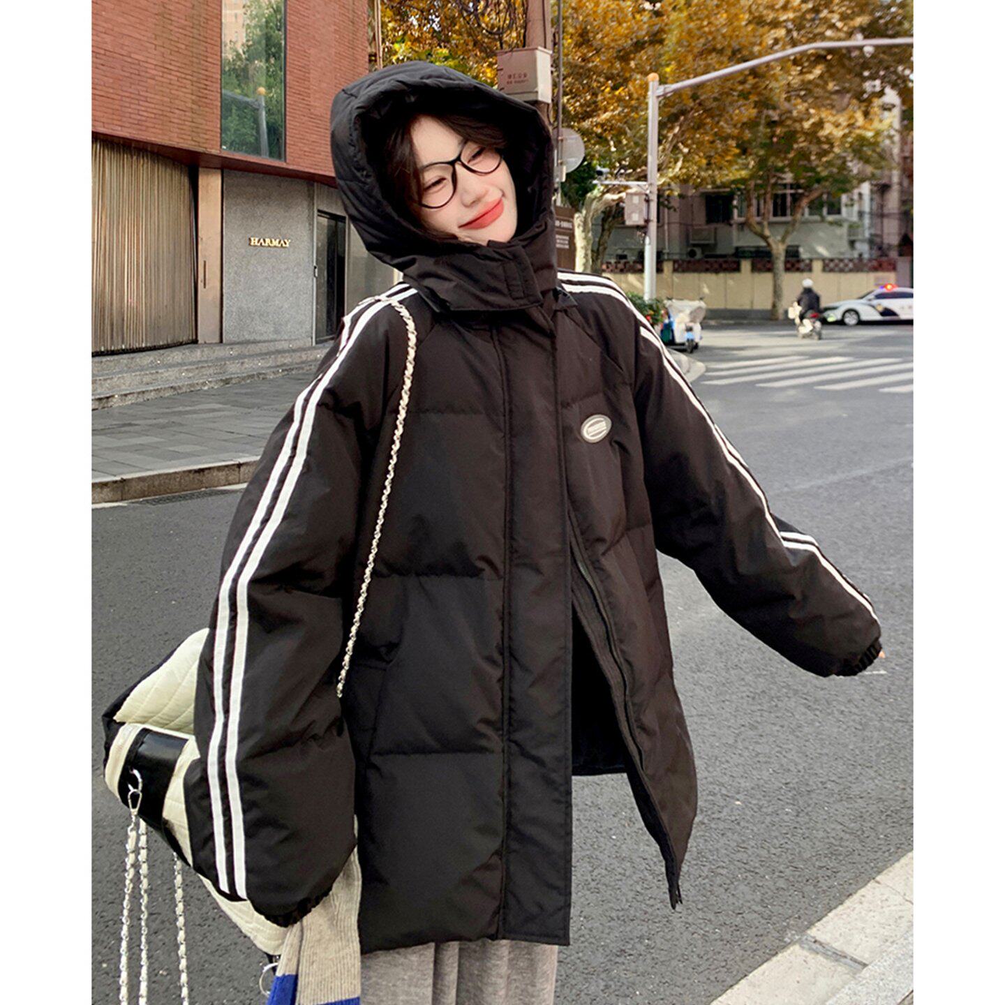 学院风黑色羽绒服女冬季2025年新款韩版宽松加厚棉服连帽外套情侣