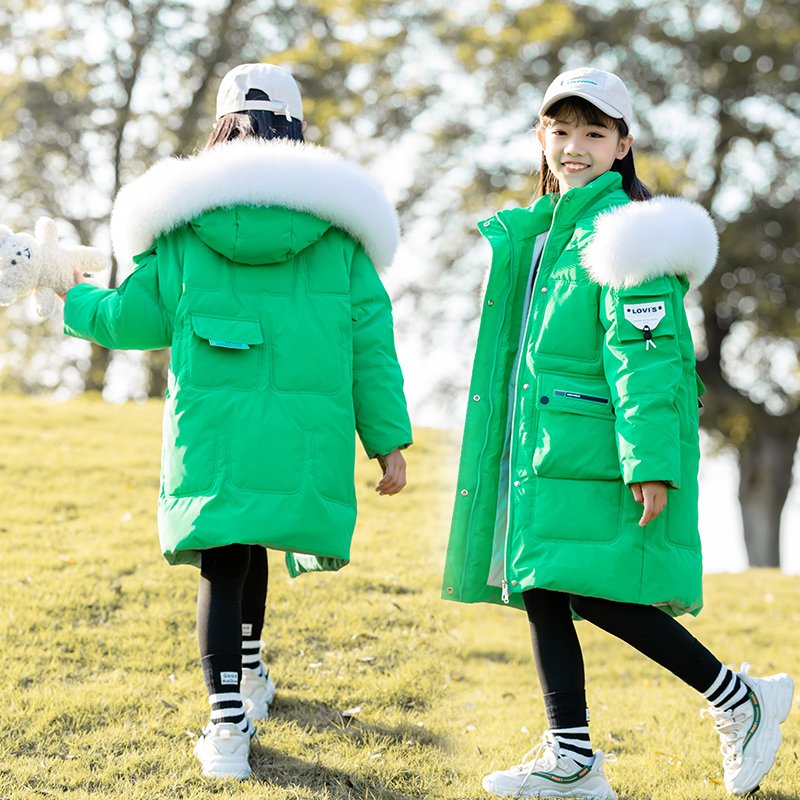 儿童女童羽绒服新款三防中长款冬季加厚毛领中大童女孩外套反季