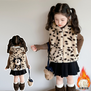 女童马甲秋冬款2025新款儿童洋气时髦豹纹背心小女孩加绒加厚坎肩