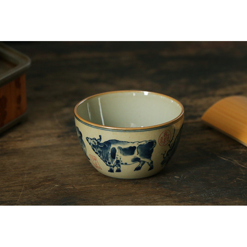 复古陶泥纯手绘五牛茶杯功夫茶具主任杯单杯大号中式 160ml