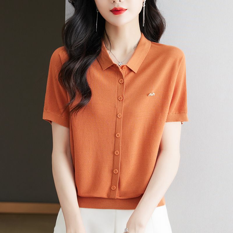 2024夏季新款短袖翻领套头t恤女宽松大码冰丝假开衫polo针织小衫