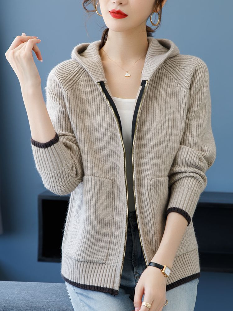 连帽外套拉炼开衫毛衣女春秋季爆款上衣宽松大码短款时尚针织卫衣