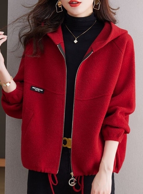 秋冬短款毛呢外套女2025年新款宽松休闲慵懒风连帽毛衣开衫棒球服