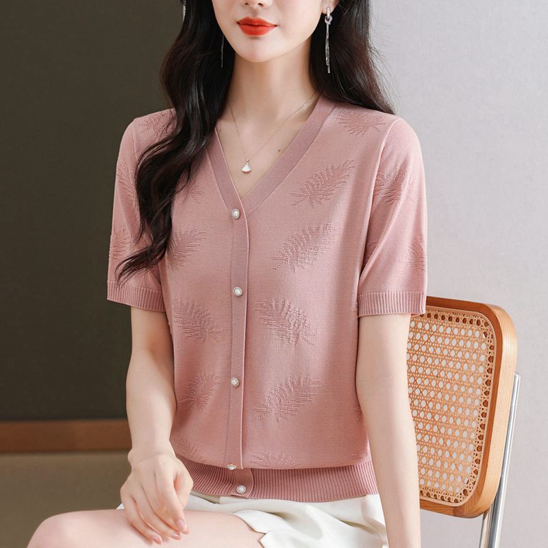 中年妈妈冰丝短袖开衫女夏季2025年新款V领宽松针织洋气披肩上衣