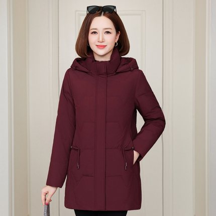 妈妈装连帽中长款羽绒服女秋冬季2024新款小个子加厚白鸭绒外套