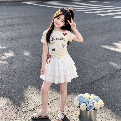 女童夏季新款韩范时髦个性卡通斜肩短袖甜美公主花边蛋糕裙两件套