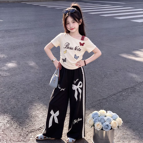 女童套装夏季新款韩系甜美蝴蝶短袖T恤蕾丝花边休闲直筒裤两件套