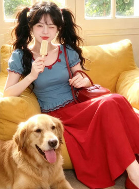 大码胖妹妹夏季新款法式复古方领短袖上衣+高腰显瘦A字半身裙套装