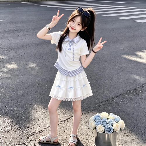 韩范时尚条纹拼接POLO领短袖甜美蝴蝶结花边半身裙女童夏季两件套