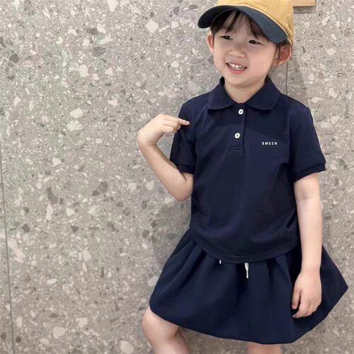 【珠地棉有后包领】女童翻领T恤套装裙短袖两件套（棉65聚酯纤维3