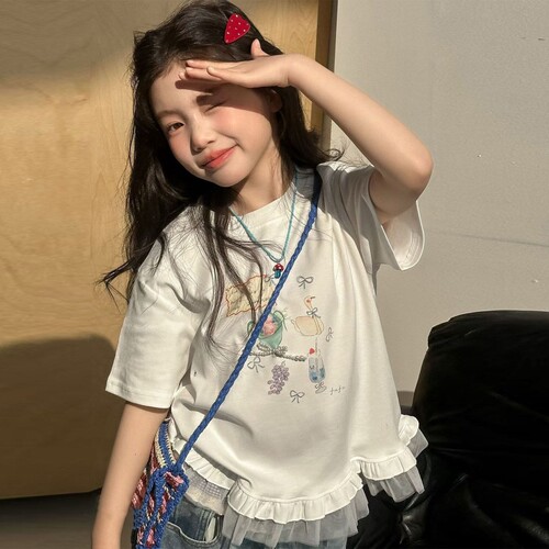 2026夏装短袖新款小女孩大童夏季女童洋气甜美T恤2026儿童装上衣