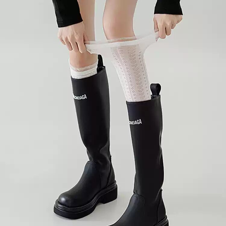 白色小腿袜子女花边蕾丝泡泡袜夏季薄款miu中筒袜芭蕾风长筒靴袜