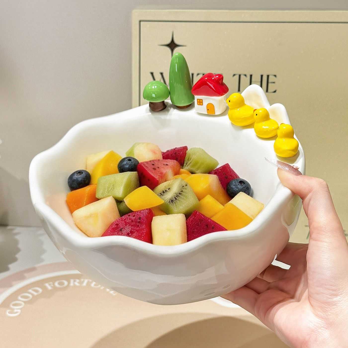 卡通小黄鸭陶瓷水果叉盘儿童家用304不锈钢水果叉ins风零食水果碗
