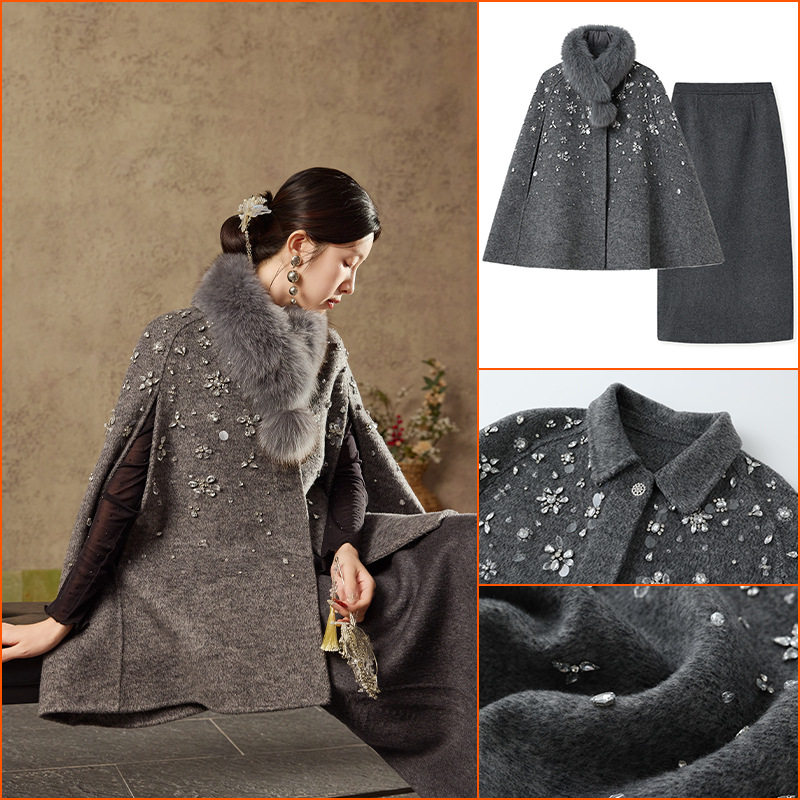 新中式冬季新款绣花羊毛呢钉珠狐狸毛领斗篷双面呢半裙套装2026,女装/女士精品,休闲运动套装,淘宝优惠券,粉丝福利购,淘宝优惠卷