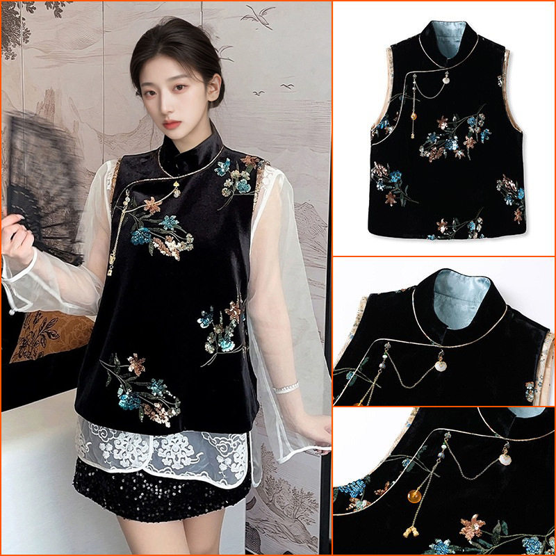 2026春季新中式缎面亮片马甲国风气质黑色背心文艺复古风