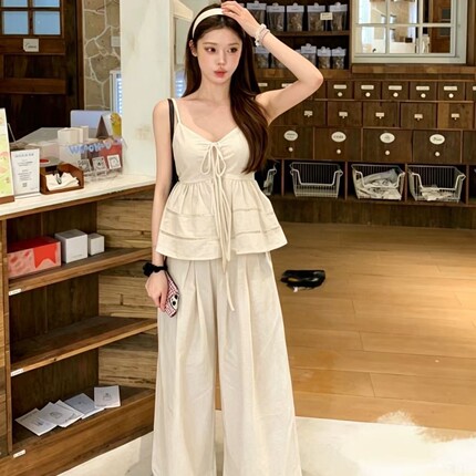 夏日新品法式甜美风吊带女上衣+长裤2026夏季显瘦款休闲约会套装