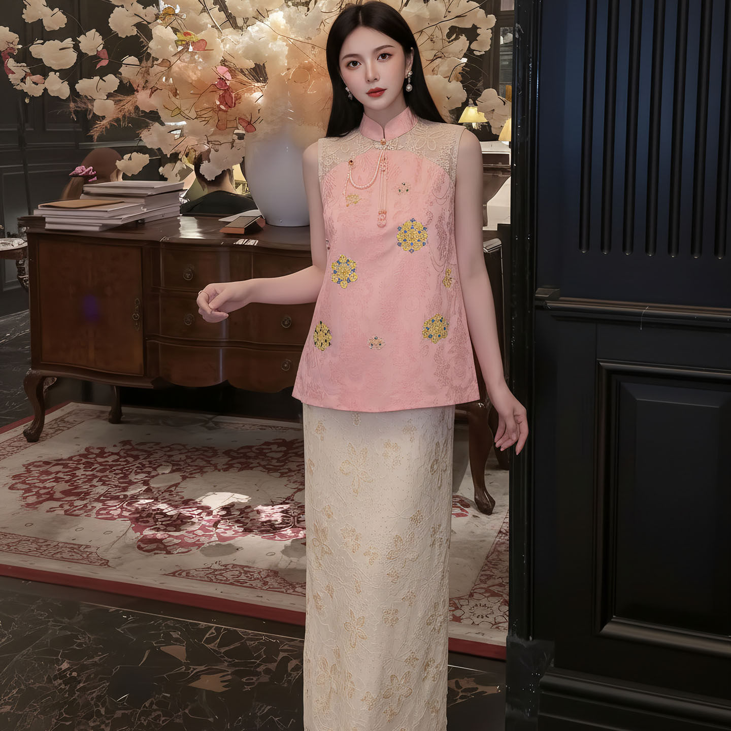 夏季新款国风新中式立领绣花无袖马甲蕾丝半裙时尚套装女2026汉服