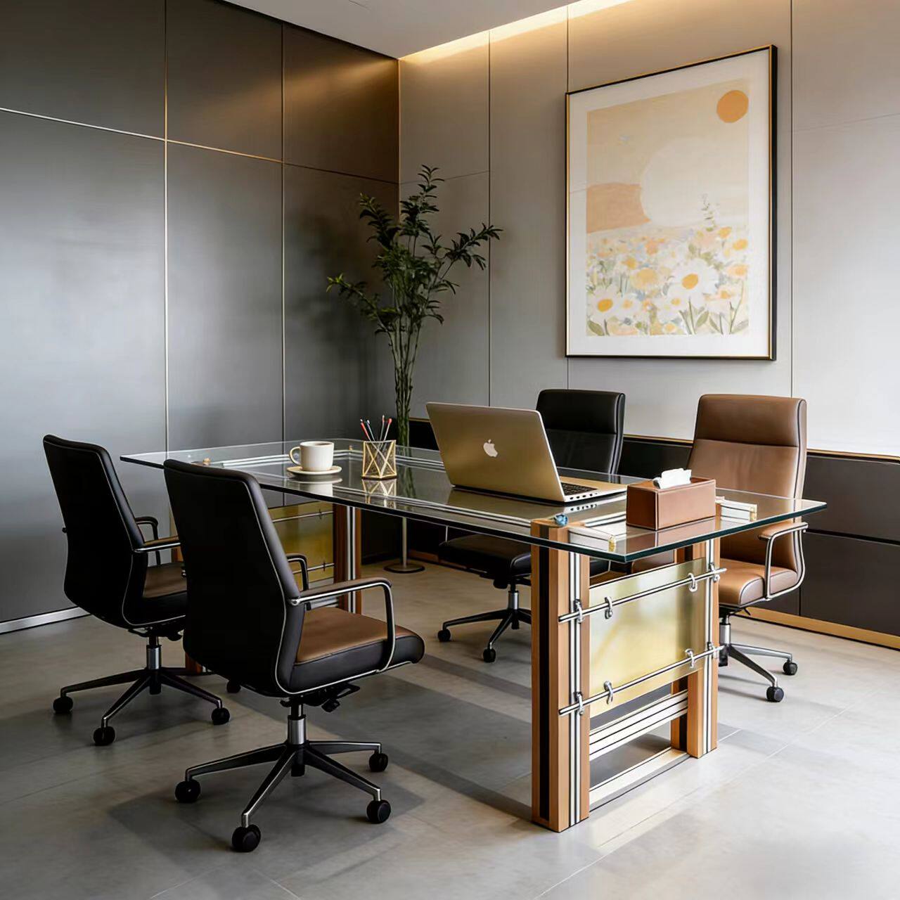 钢化玻璃电脑桌铝型材桦木光轴创意设计师个性洽谈长方形桌办公桌