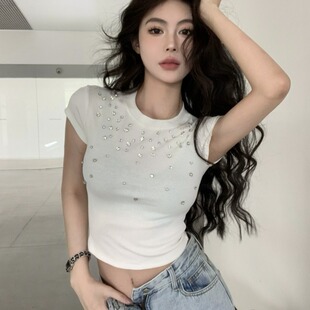 2026夏季辛苦性感辣妹风闪闪镶钻螺纹短袖正肩T恤女短款露脐上衣