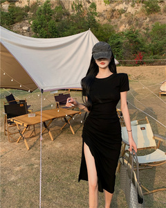 夏季新款纯色修身抽褶系带侧开叉中长款连衣裙女辣妹性感短袖长裙
