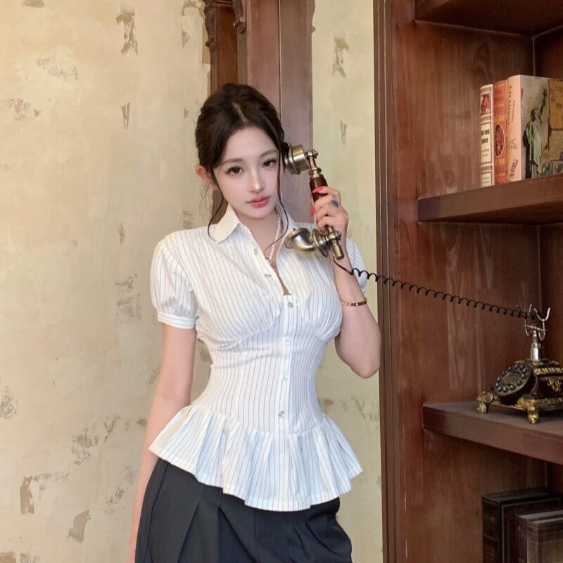2026春夏设计感条纹收腰短袖上衣后背绑带学院风法式衬衫女修身