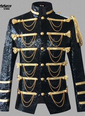 宫廷装演出服 男主持司仪礼服舞台装 夜店酒吧DJ亮片链条军装