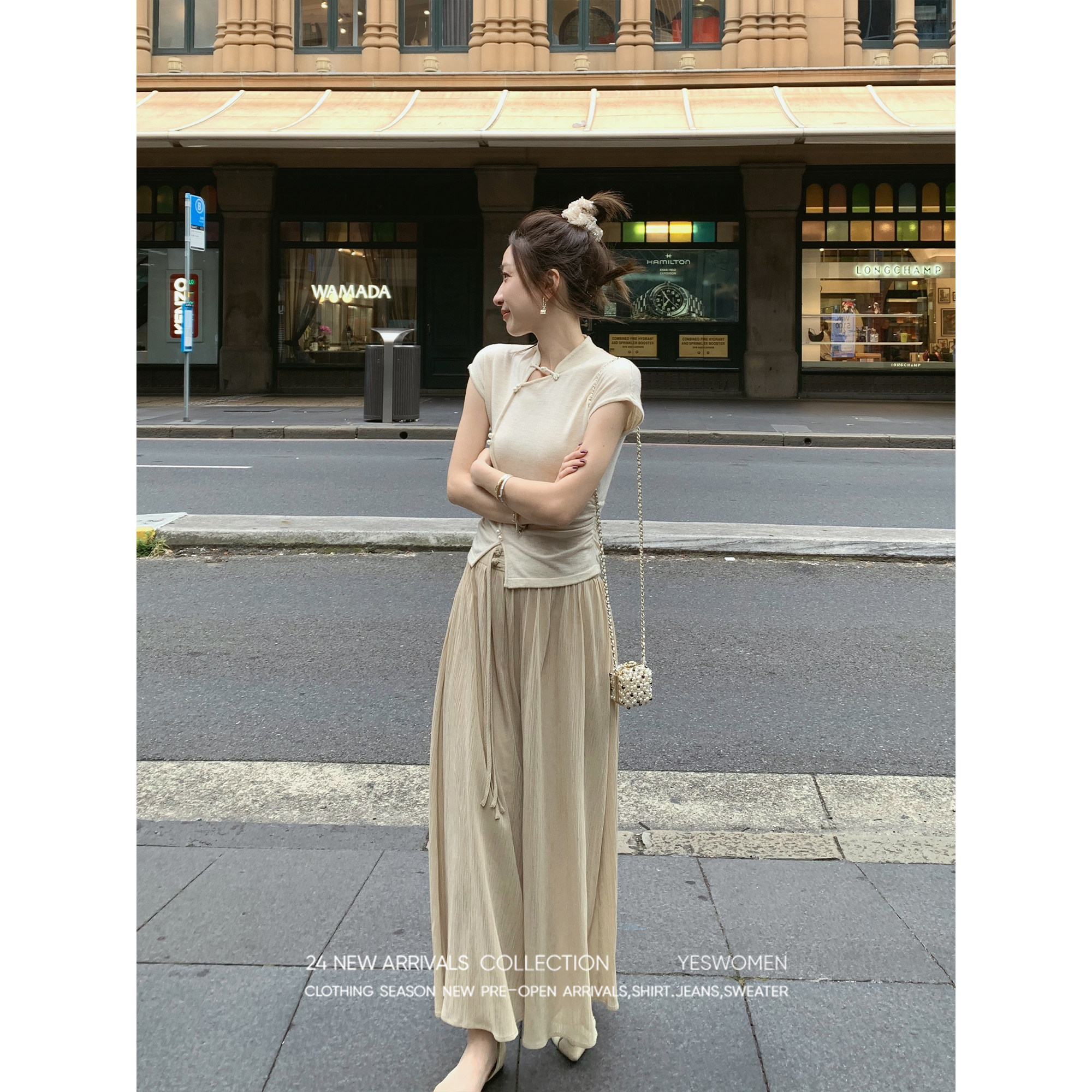 YC小宜定制甄选 可可豆新中式2024新款针织盘扣国风短袖t恤女装夏