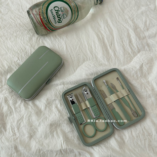 RKia抹茶绿7件套指甲钳套装 便携宿舍家用修甲美甲皮质工具包套装