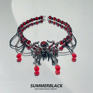 黑姑姑饰品亚文化潮流时尚百搭个性小众感暗红色蜘蛛项链卫衣链女