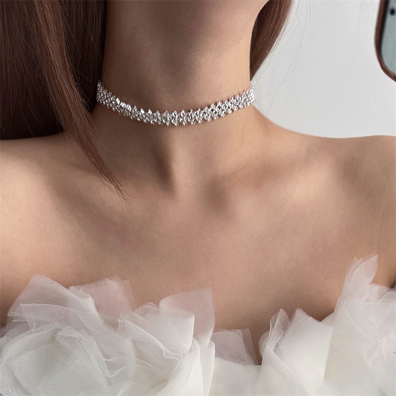 超闪银色满钻水晶锆石choker项链