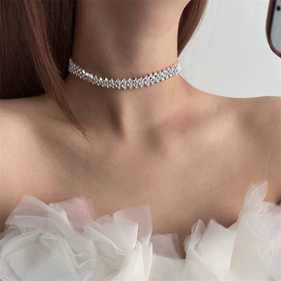 超闪银色满钻水晶锆石choker项链女小众气质轻晚宴时尚脖颈链配饰